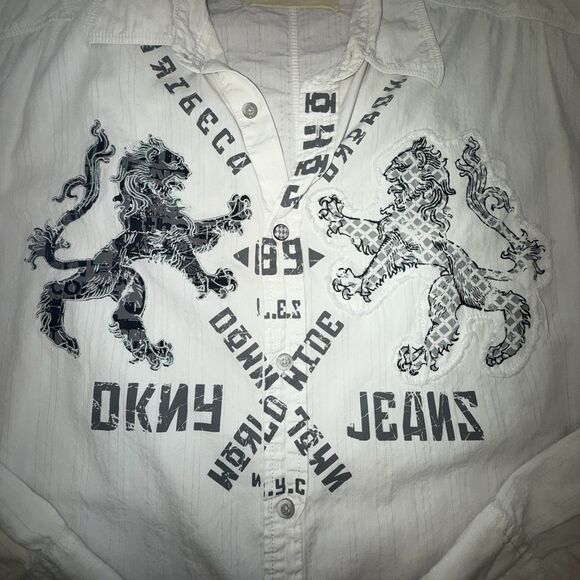 Vtg DKNY Jeans 90s Y2K Graphic Button Up Shirt XL White Lion Crest Lions Mens - Picture 2 of 11